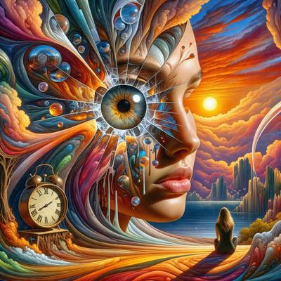 The primary subject of the image is a woman's face, which is the main focus of the artwork. The setting is a beach, with a sunset in the background. The visual style is a combination of digital art and illustration, creating a vibrant and colorful scene. The colors and mood of the image are warm and inviting, with the sunset and beach atmosphere contributing to a sense of relaxation and tranquility.